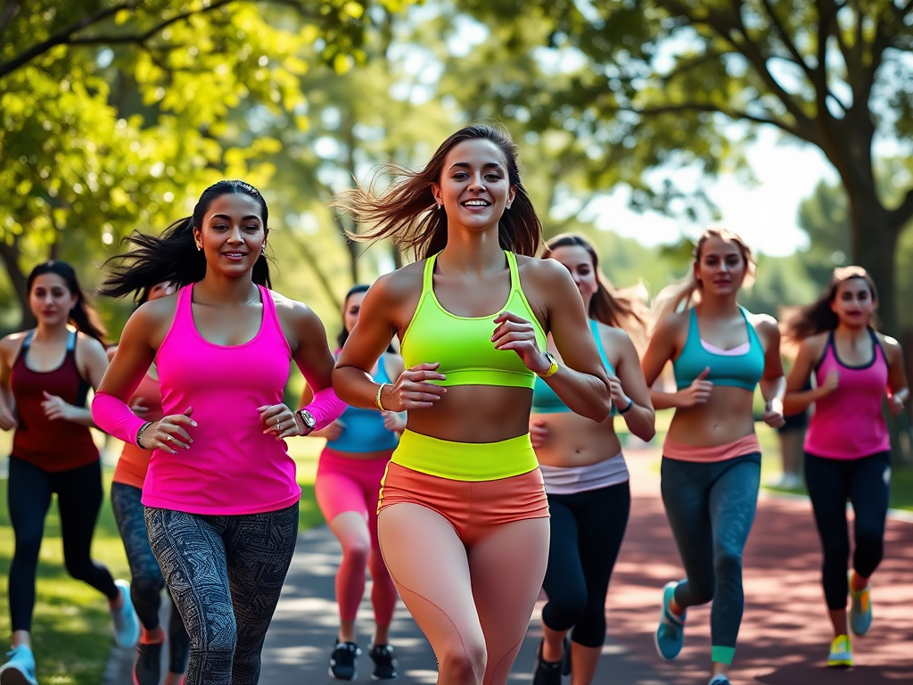 Een groep vrouwen in kleurrijke sportoutfits rent blij in een park, omringd door bomen en zonlicht.