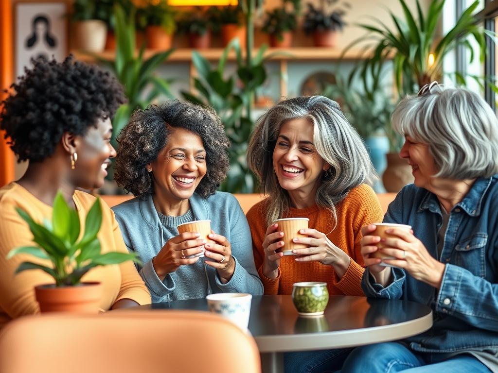 Vier vrouwen met verschillende haartypes lachen en genieten van koffie in een gezellige omgeving vol planten.