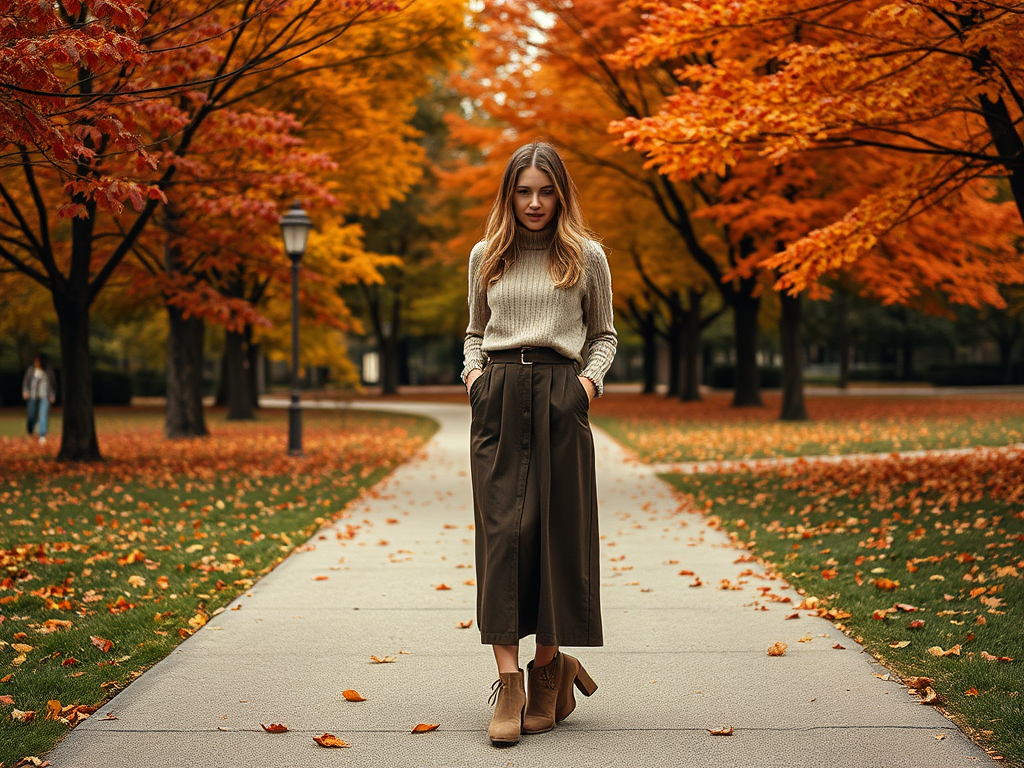 Een vrouw in een grijze trui en lange broek staat op een pad omringd door herfstbladeren en bomen in herfstkleuren.