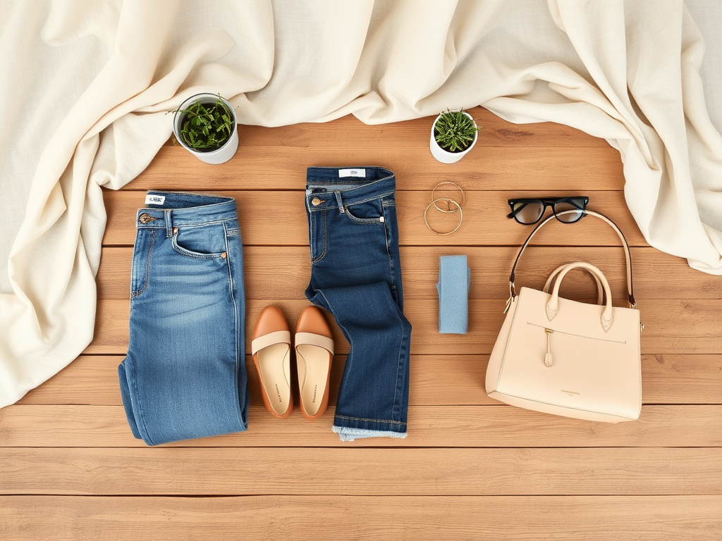 Een flatlay van kleding met blauwe jeans, schoenen, een tas, accessoires en planten op een houten ondergrond.