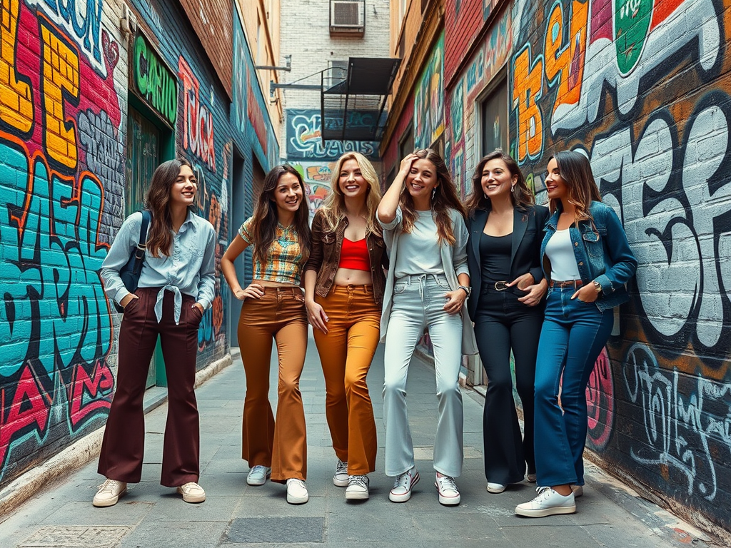 Zes vrouwen met verschillende outfits lachen en poseren in een kleurrijke steeg met graffiti.