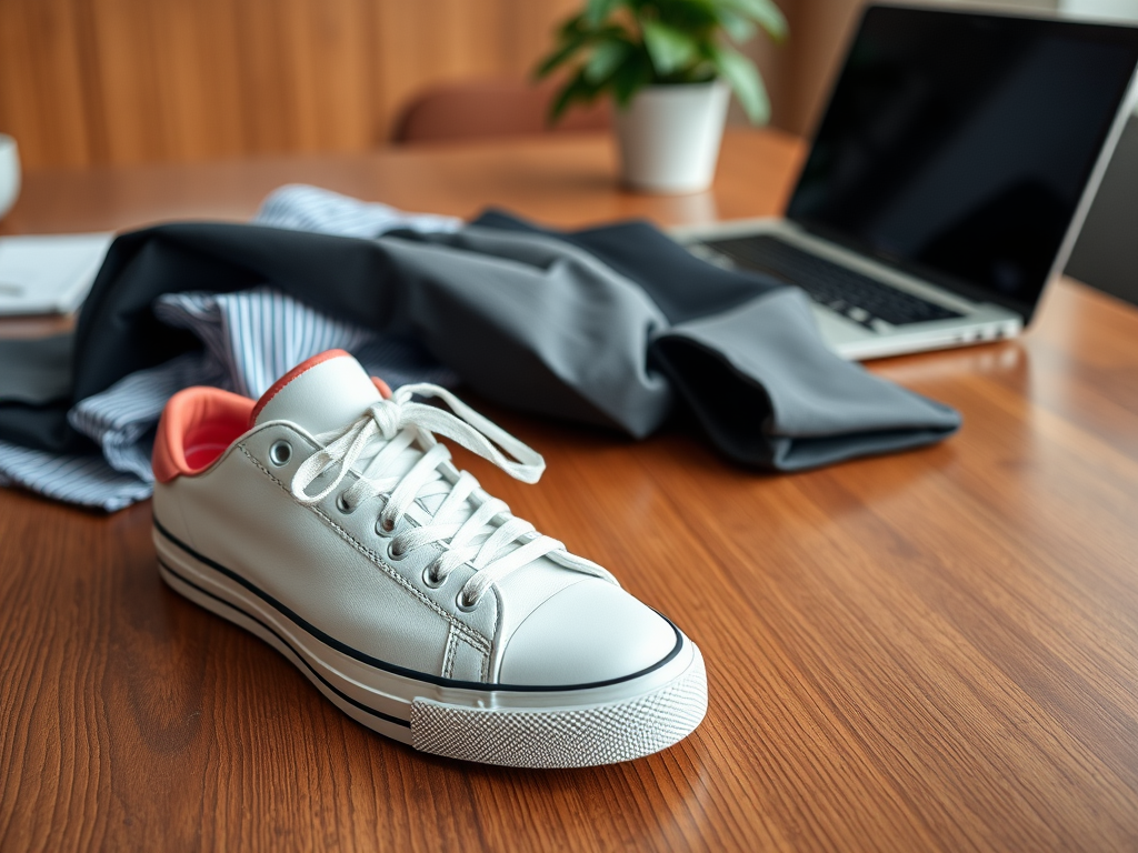 Een witte sneaker met een oranje achterkant staat op een houten tafel, naast kleding en een laptop.