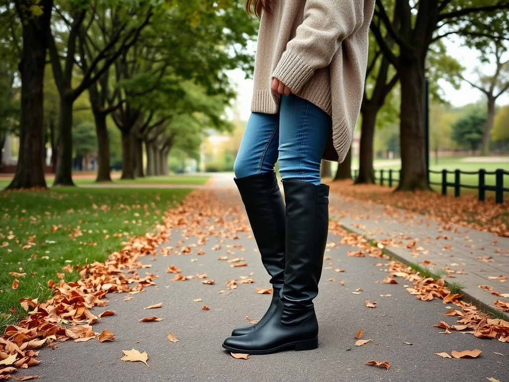 Een vrouw in een oversized trui en hoge laarzen staat op een pad omringd door herfstbladeren.