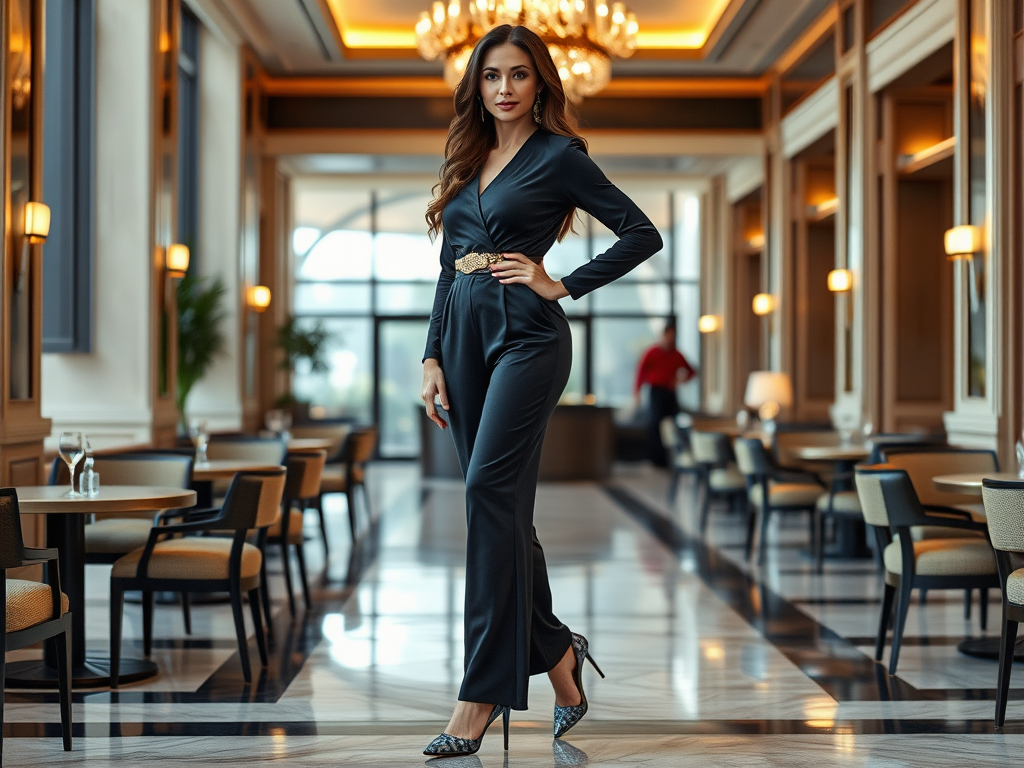 Een vrouw in een elegante zwarte jumpsuit poseert in een luxe restaurant met moderne inrichting.