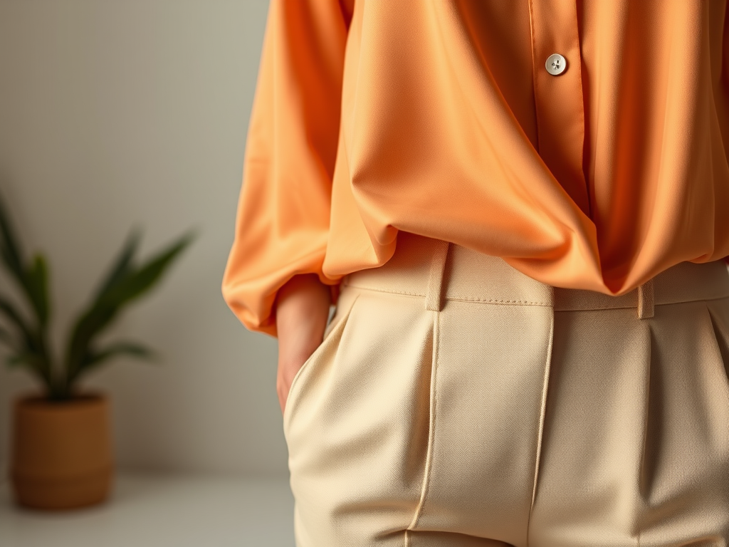 Een close-up van een persoon in een oranje blouse en lichte, gestructureerde broek met een plant op de achtergrond.