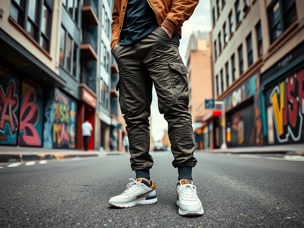 Een man staat in een straat met muurschilderingen, gekleed in cargo-broek en sneakers, met een casual uitstraling.