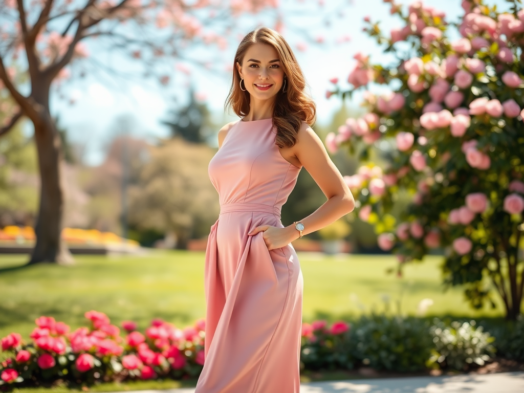 Een vrouw in een roze jurk poseert vrolijk in een bloeiende tuin met mooie bloemen op de achtergrond.