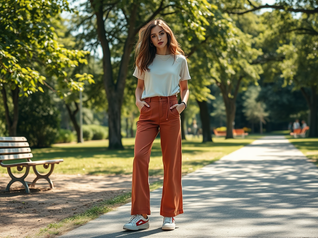 Een vrouw staat in een park, gekleed in een witte top en oranje broek, met een ontspannen houding op een pad.